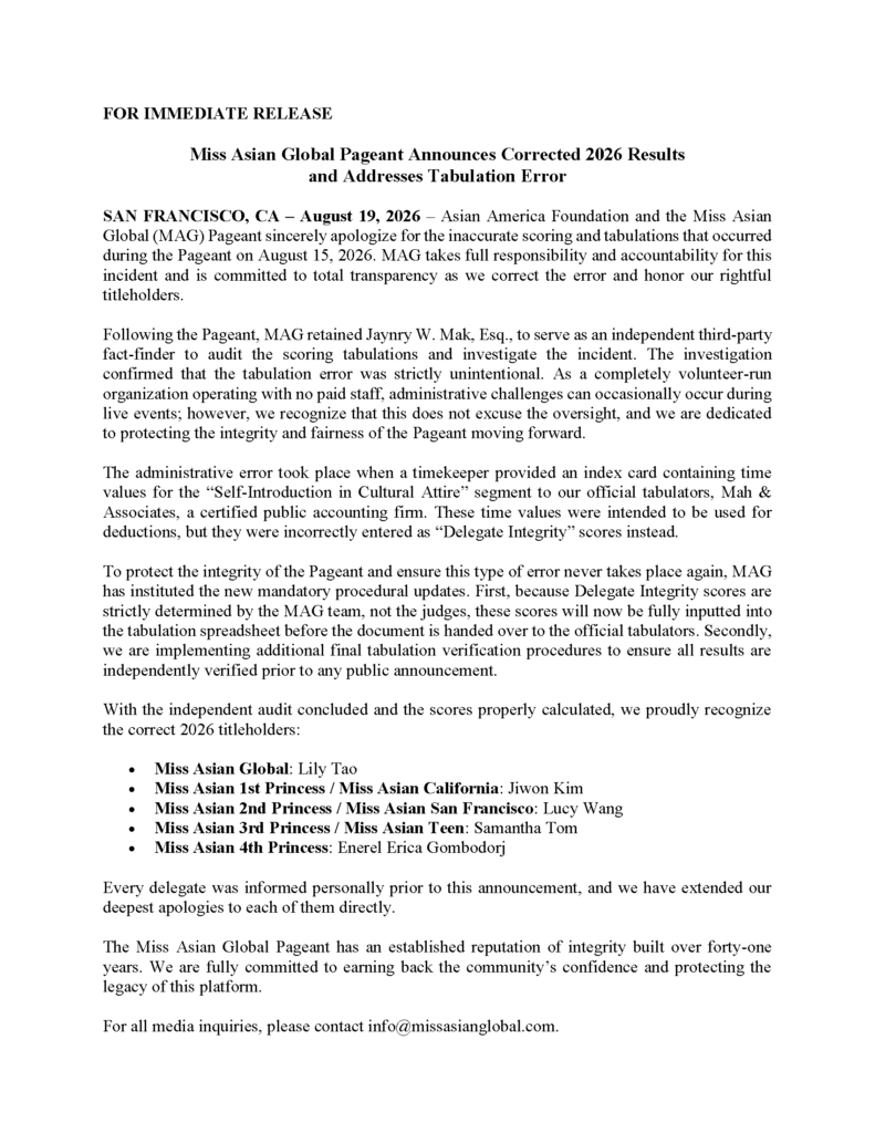 Miss Asian Global Pageant Announces Corrected 2026 Results
and Addresses Tabulation Error
