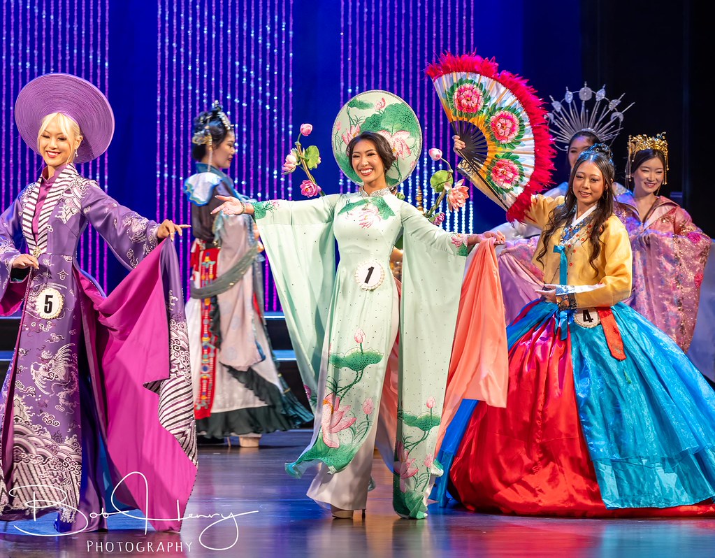 Delegates on stage in cultural attire at the 2026 Miss Asian Global Pageant